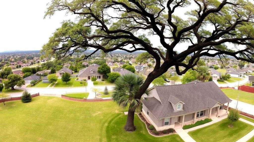 Aerial view of a modern suburban home and neighborhood in Round Rock, TX, representing the importance of home insurance coverage.