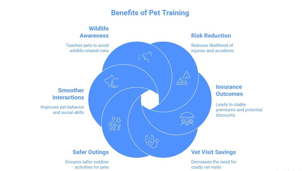 An infographic showing the benefits of pet training, including risk reduction, vet visit savings, smoother interactions, and improved insurance outcomes—related to pet insurance  Montana.