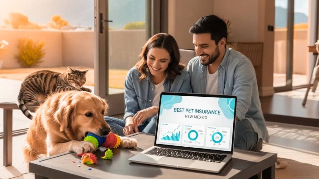 A happy couple sitting with their dog and cat at home, reviewing the best pet insurance New Mexico on a laptop.