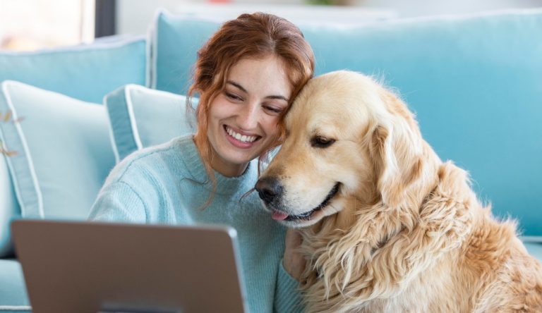 Golden retriever with owner reviewing the Best Pet Insurance Virginia coverage plans for 2025.
