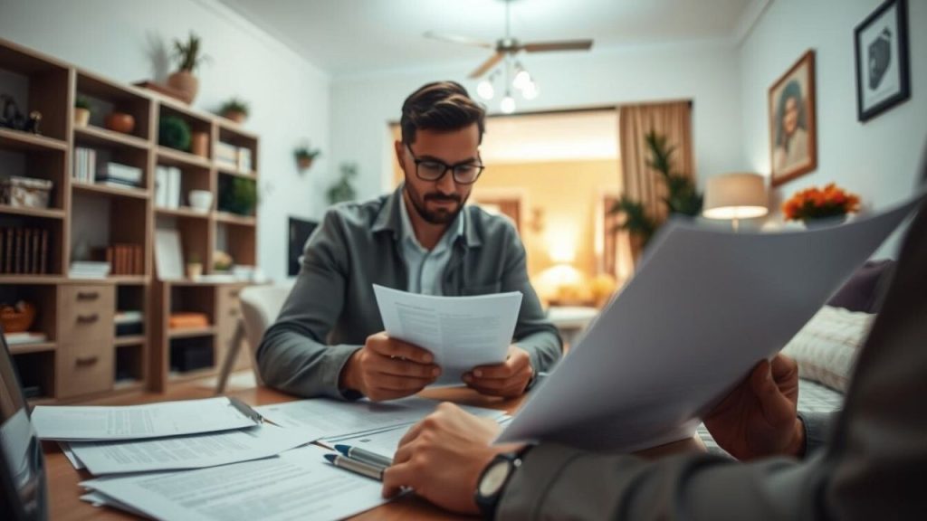 Evansville Home Insurance—Compare Rates, Reduce Risk, and Protect Your Property with Trusted Partners A man reviewing Evansville home insurance documents at a desk filled with papers