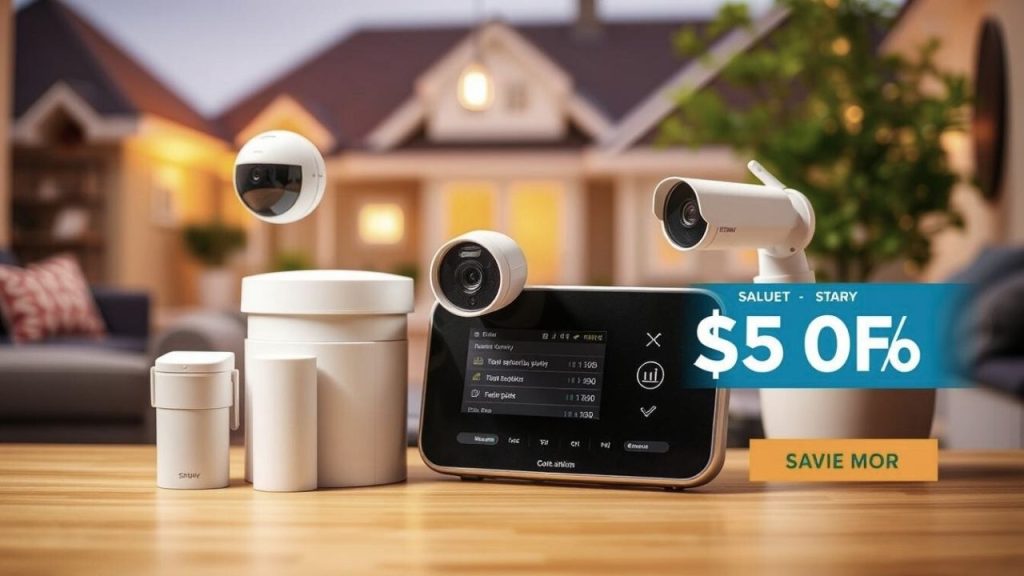 Evansville Home Insurance—Compare Rates, Reduce Risk, and Protect Your Property with Trusted Partners Smart home security devices displayed on a table with a house in the background promoting Evansville home insurance savings