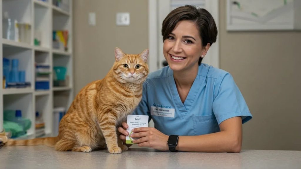Smiling veterinarian in blue scrubs holding pet medication beside an orange cat, representing reliable pet care with Pet Insurance New Mexico.