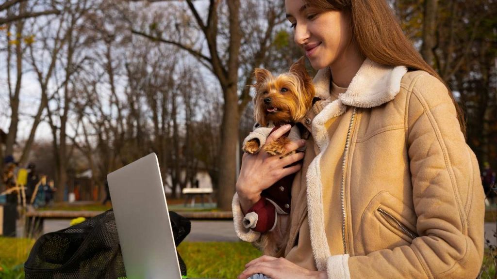 A woman sitting outdoors holding her small dog while using a laptop, representing responsible pet ownership and the benefits of pet insurance Montana.