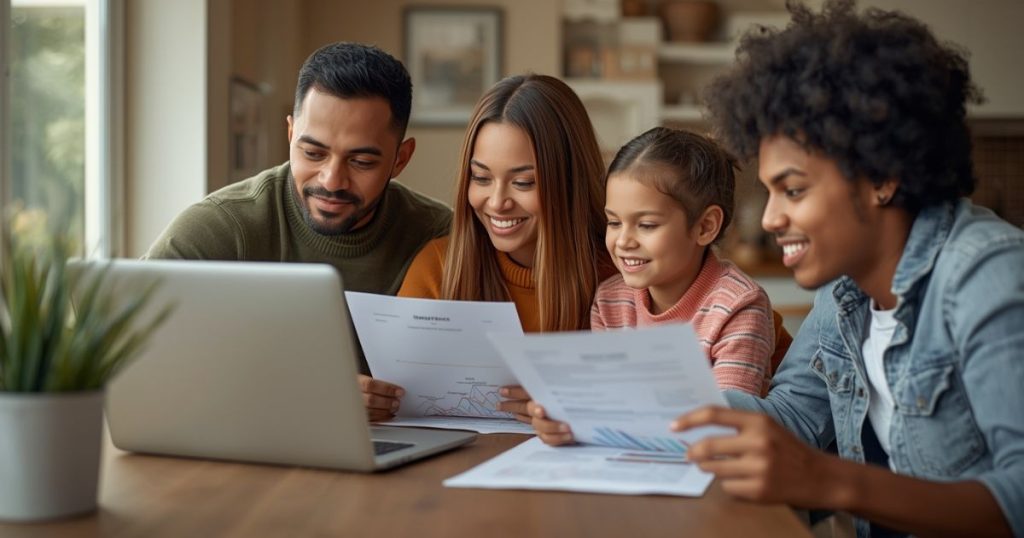 How to Choose the Best Insurance Company in the USA & Canada: A Complete Guide 2025 A family of four sitting around a laptop, reviewing insurance documents such as auto, home, and health insurance to choose the best insurance company USA Canada.