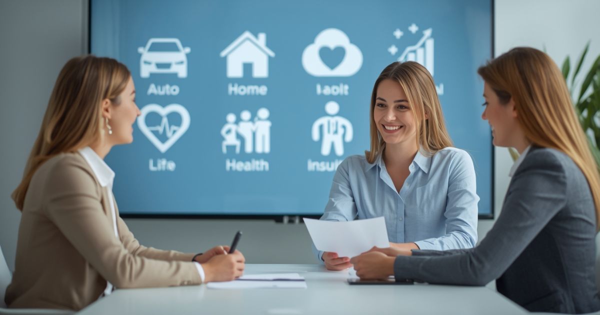 Insurance agents discussing the best insurance company USA Canada, with icons representing different types of insurance services like auto, home, health, and life.
