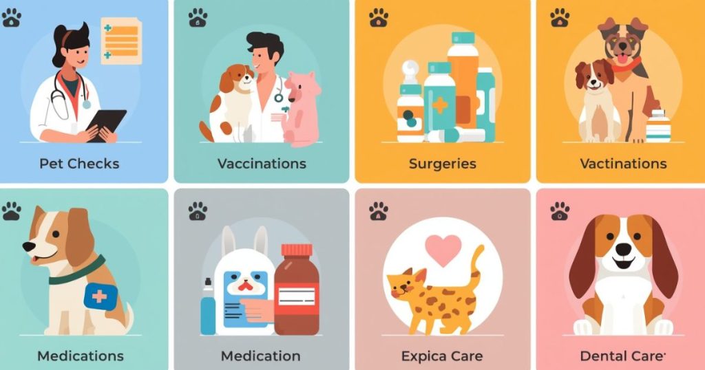 Illustration showing various pet care services like vaccinations, surgeries, medications, and dental care under Premier Pet Insurance USA