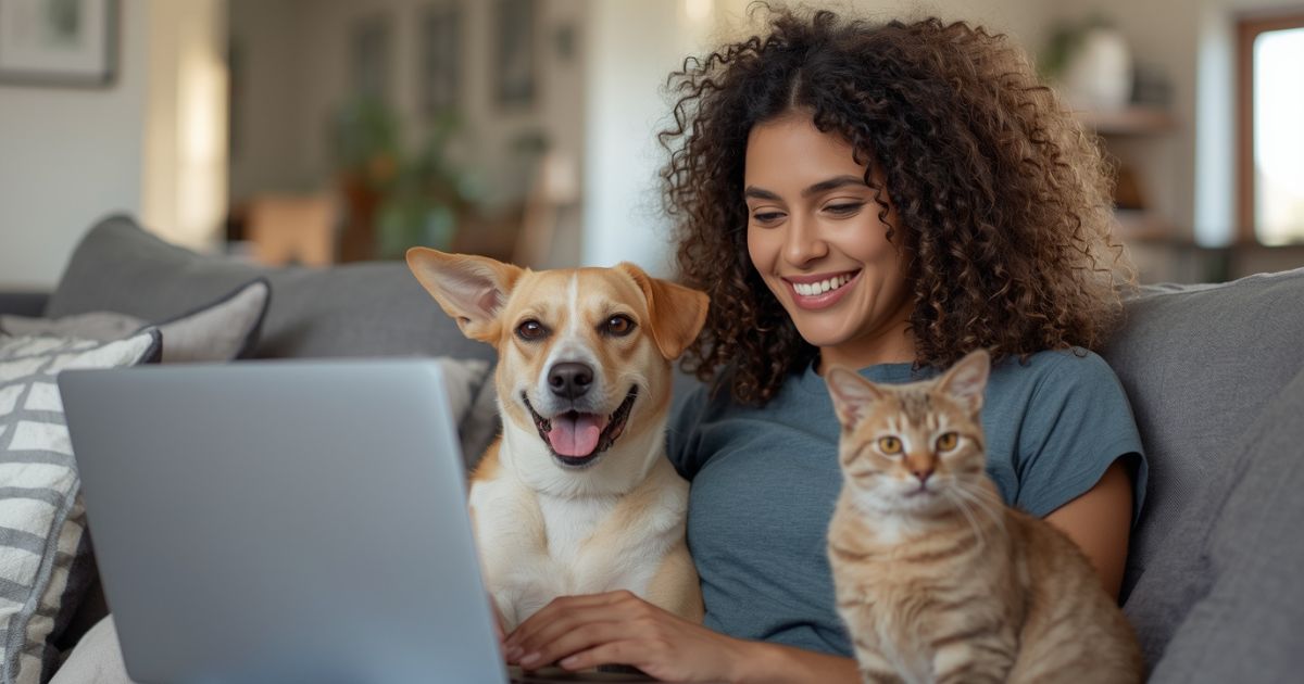 Woman smiling on couch with her dog and cat while browsing Figo Pet Insurance promo code on laptop
