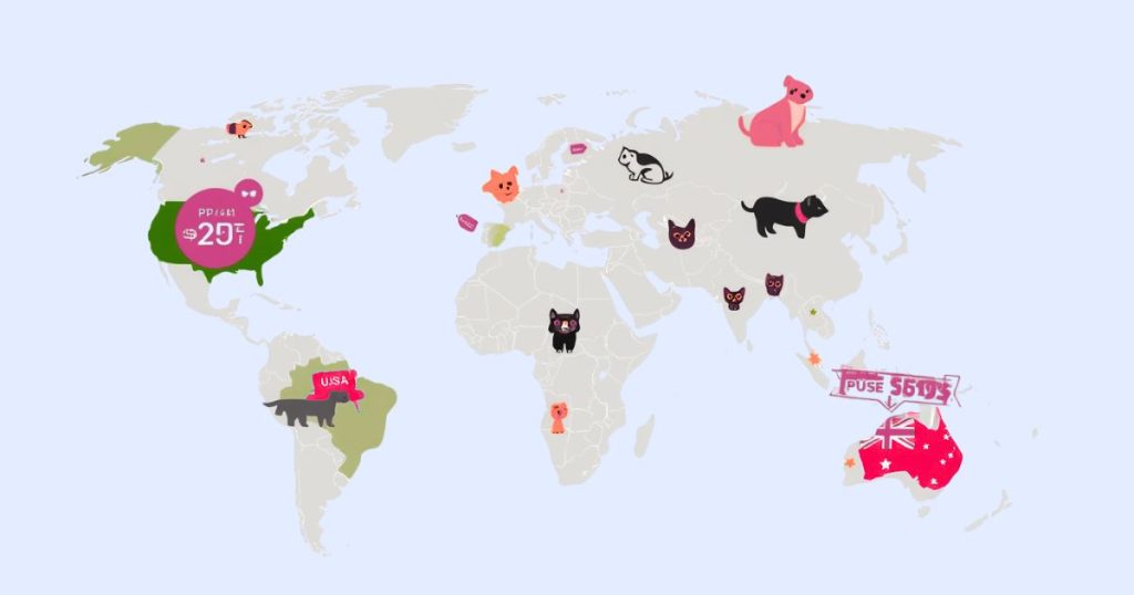 Figo Pet Insurance Promo Code 2025 – Save Big Today A world map showing Globel Figo Pet Insurance promo code discounts across USA, UK, Canada, and Australia with pet icons representing regional offers.