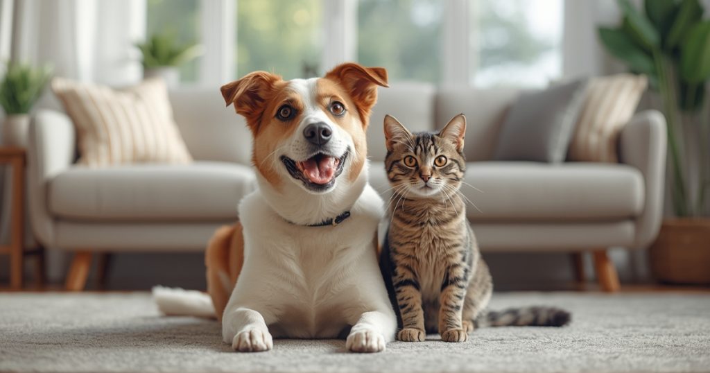 A happy dog and cat sitting together on a living room carpet representing Premier Pet Insurance USA pet coverage