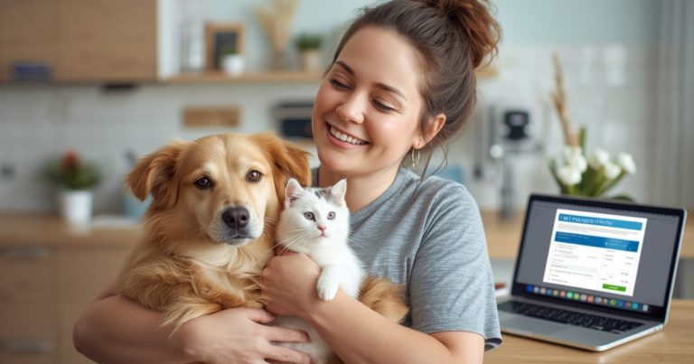 Smiling woman holding her dog and cat at home while exploring Premier Pet Insurance USA plans on a laptop
