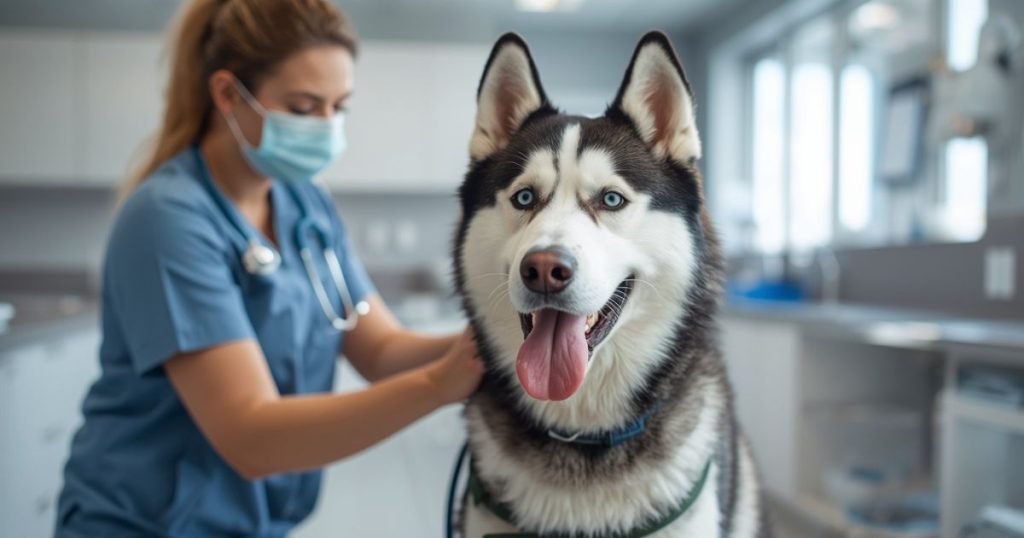 Pet Insurance for Husky: A Comprehensive Guide to Husky Health Coverage 2025 "A Husky dog at the vet with a veterinarian checking its health. The dog looks happy and healthy, reminding pet owners to get Pet Insurance for Husky for emergency and routine care."