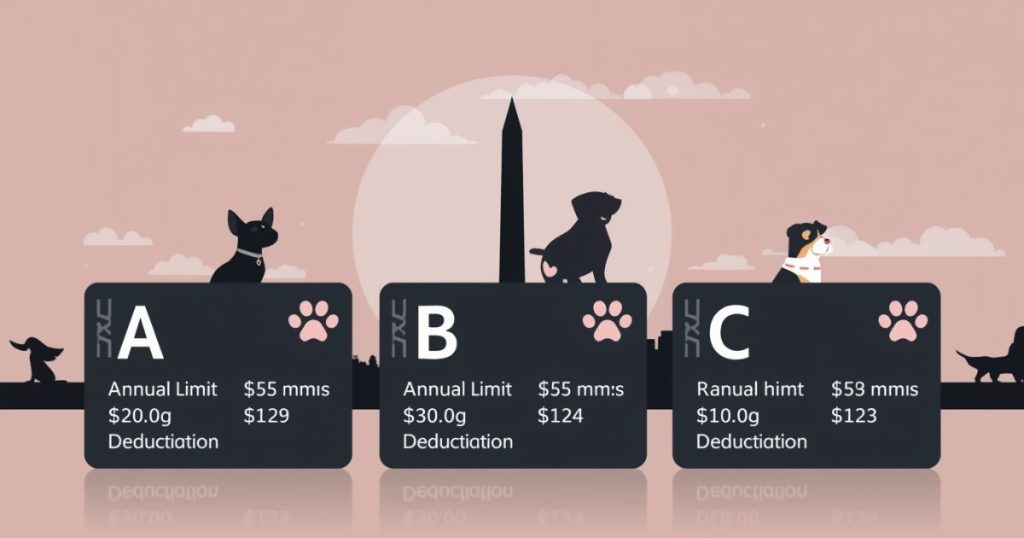 Best Pet Insurance DC: Protect Your Pets and Save on Veterinary Costs Today A comparison of three pet insurance plans (A, B, C) for dogs in Washington, DC, showing annual limits, deductibles, and premiums, highlighting Pet Insurance DC options.