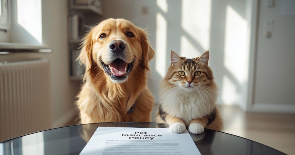 Best Pet Insurance DC: Protect Your Pets and Save on Veterinary Costs Today A Golden Retriever and Maine Coon cat sitting on a table with a "Pet Insurance Policy" document in front of them, symbolizing the importance of Pet Insurance DC.