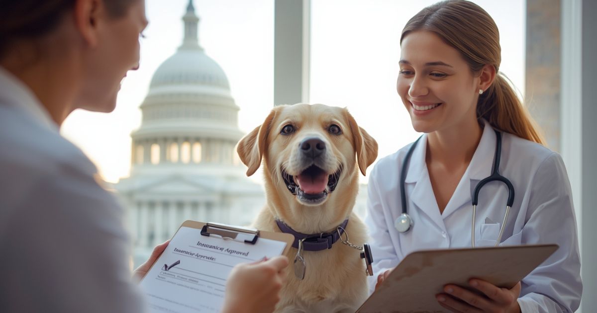 A smiling dog at a veterinarian appointment in Washington, DC, with the U.S. Capitol in the background and a clipboard showing pet insurance approval, highlighting the benefits of Pet Insurance DC.