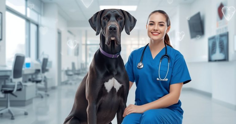 A veterinarian with a stethoscope sitting next to a Great Dane in a veterinary clinic, highlighting the importance of pet insurance for Great Danes.
