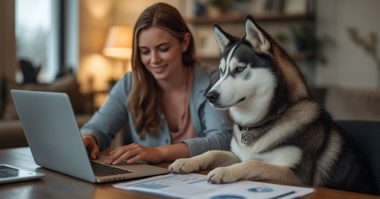 A woman working on a laptop with her Husky dog sitting beside her at the desk. The Husky gazes at the laptop, symbolizing the close bond between a pet and owner. Consider Pet Insurance for Husky to keep them safe and healthy.